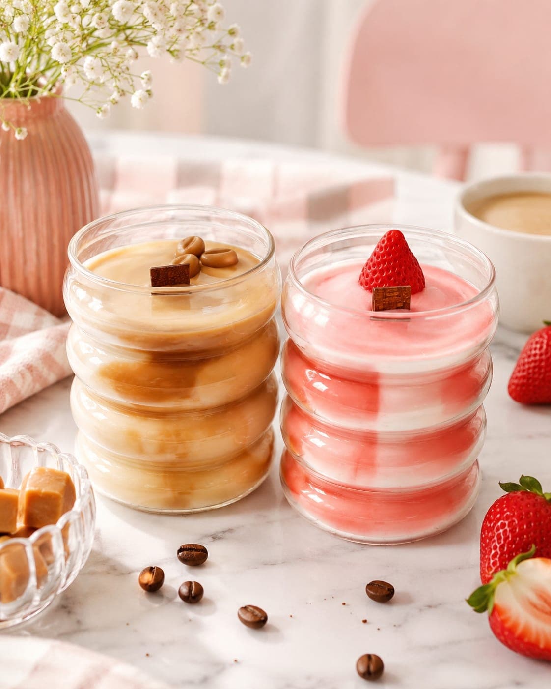 Las velas Caramel Latte y Strawberry Milkshake sobre mármol blanco, con un cuenco de caramelos, granos de café, fresas y un jarrón rosa al fondo