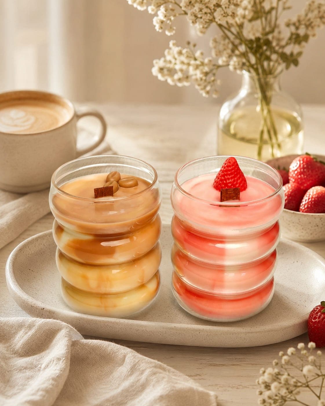 Las velas Caramel Latte y Strawberry Milkshake en una bandeja de cerámica junto a una taza de café con leche y un bol de fresas