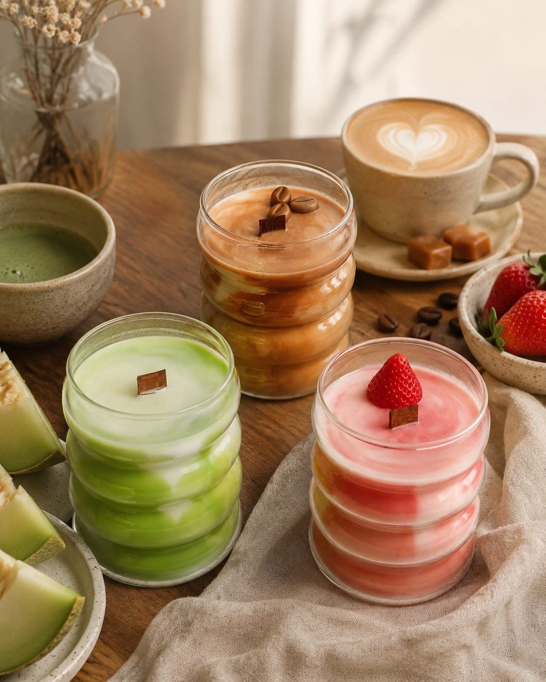Las 3 velas de la Colección Bebidas sobre una mesa de madera con un café con leche, un bol de matcha, melón y fresas