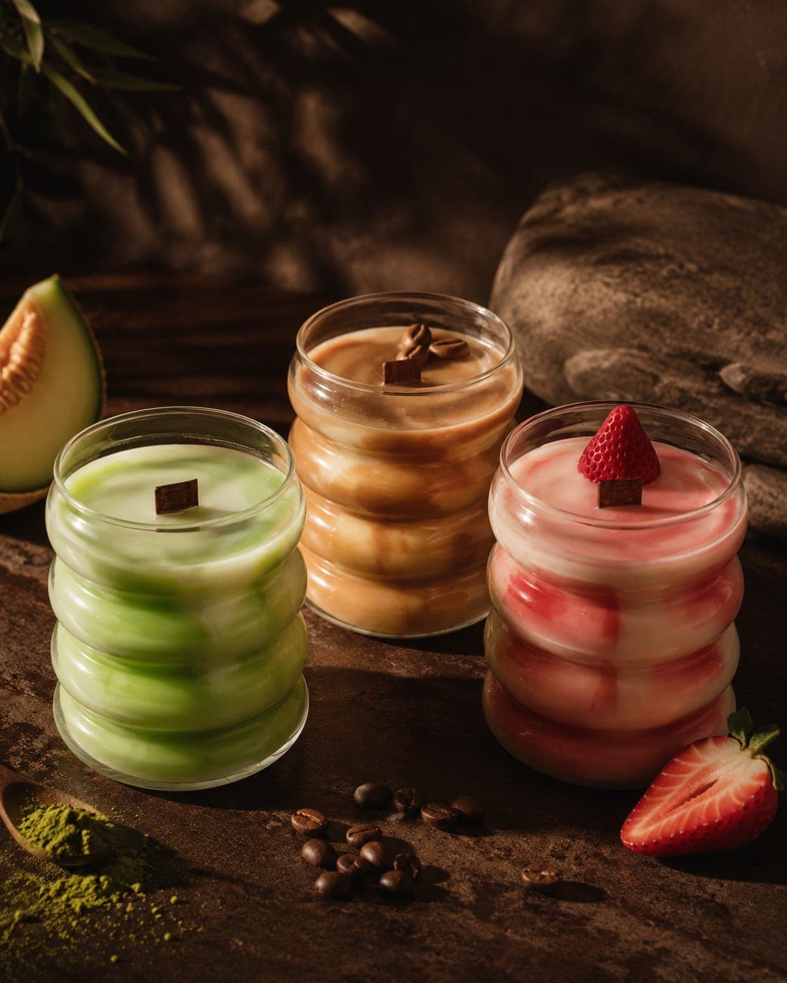 Las 3 velas de la Colección Bebidas sobre piedra oscura e iluminadas de lado, con melón, granos de café, matcha en polvo y una fresa