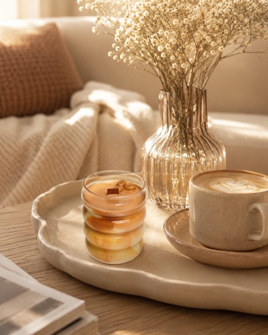 Vela Caramel Latte sobre una bandeja de cerámica en un salón, junto a una taza de café con leche con arte latte y un jarrón de cristal con flores secas