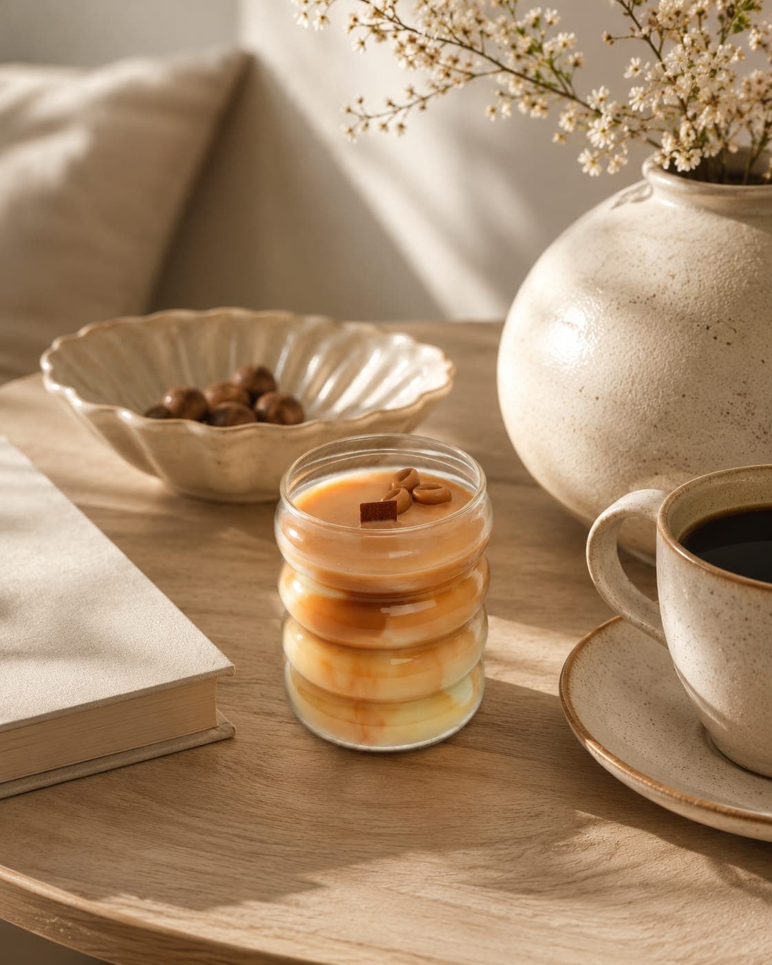 Vela Caramel Latte sobre una mesa de madera junto a una taza de café solo, un libro y un cuenco con bombones de café