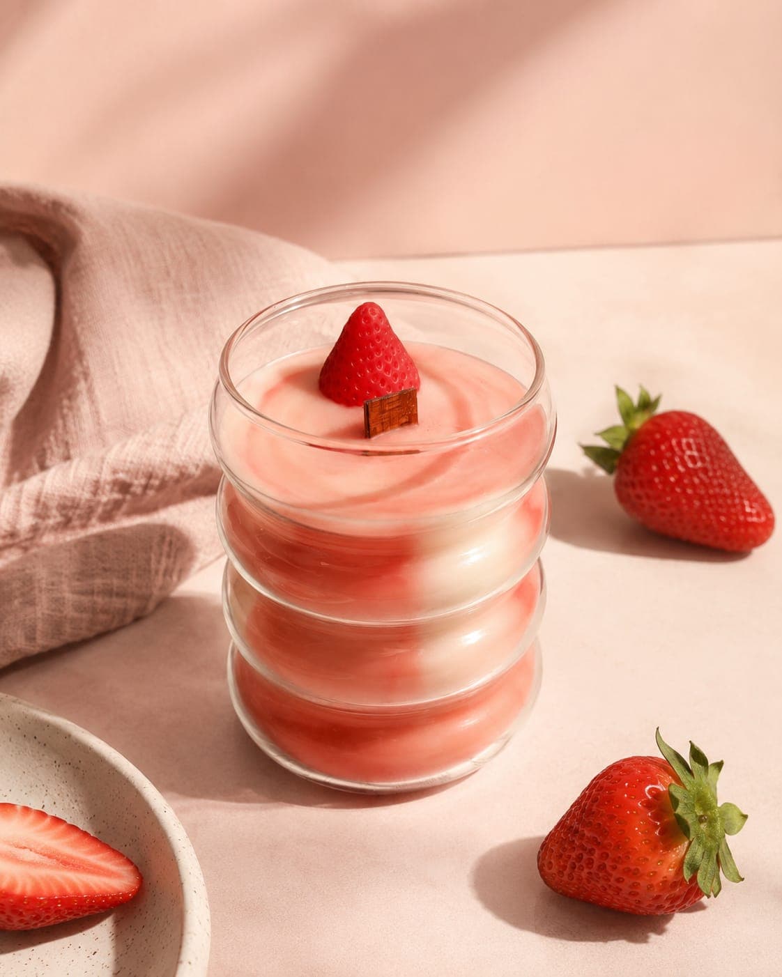 Vela Strawberry Milkshake sobre fondo rosa junto a fresas frescas y un paño de lino, con las capas de cera visibles a través del vidrio ondulado
